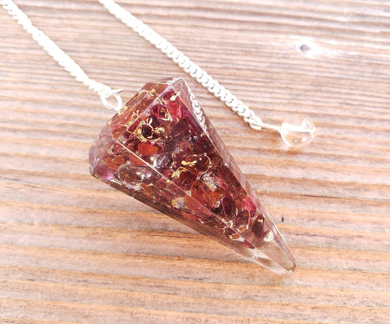 ORGONE GARNET GEMSTONE FACETED ORGONITE PENDULUM