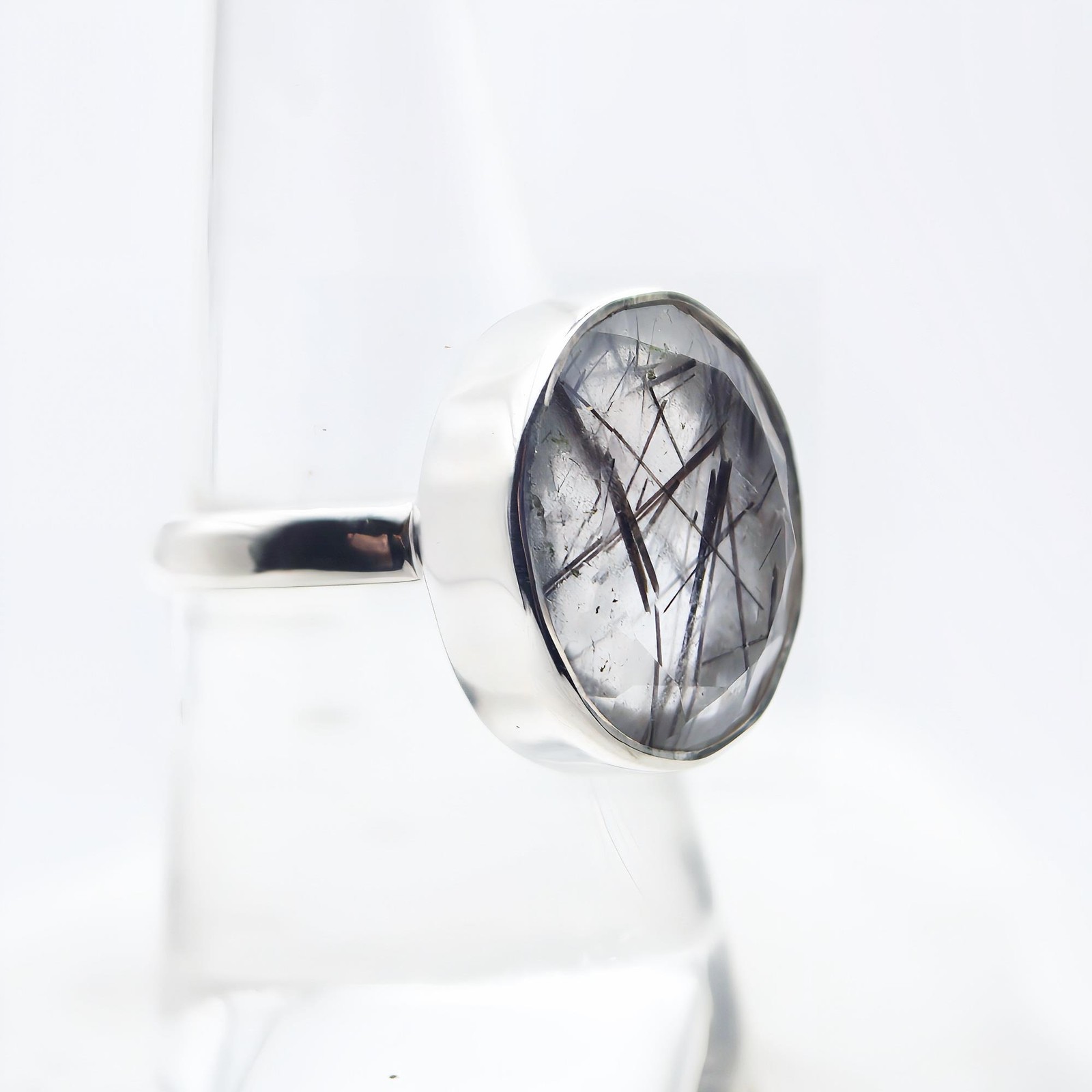 Black Tourmaline Quartz Sterling Silver Ring Natural Crystal UK Size P US Size 8