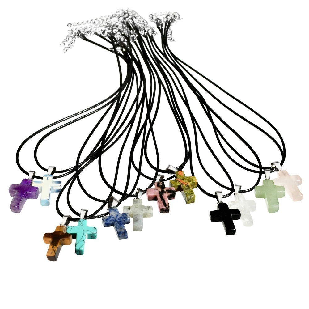 Fashion Crystal Cross Pendant Necklace Mixed Charms on Leather Rope Jewelry