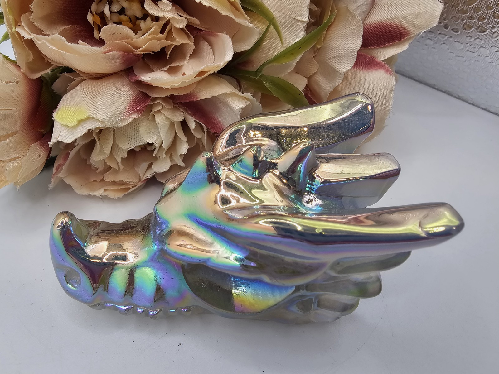 Angel Aura Clear Quartz Rainbow crystal Dragon Head Skull 160g 7.5x4x3.6cm