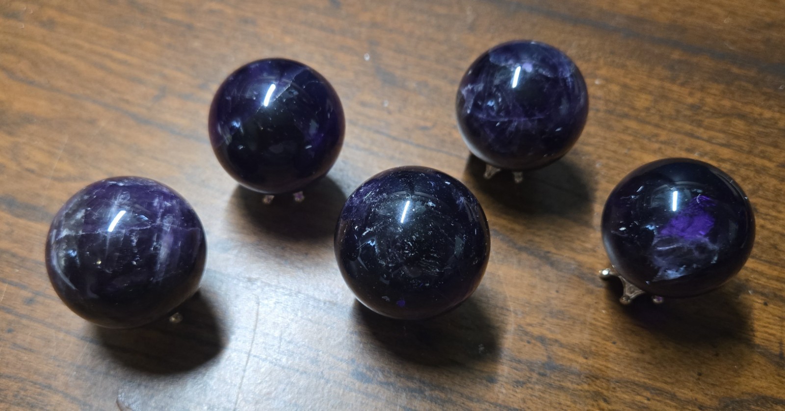 Set of 5 NEW Deep Purple Amethyst Crystal Spheres on 5 Metal Crown Stands. USA