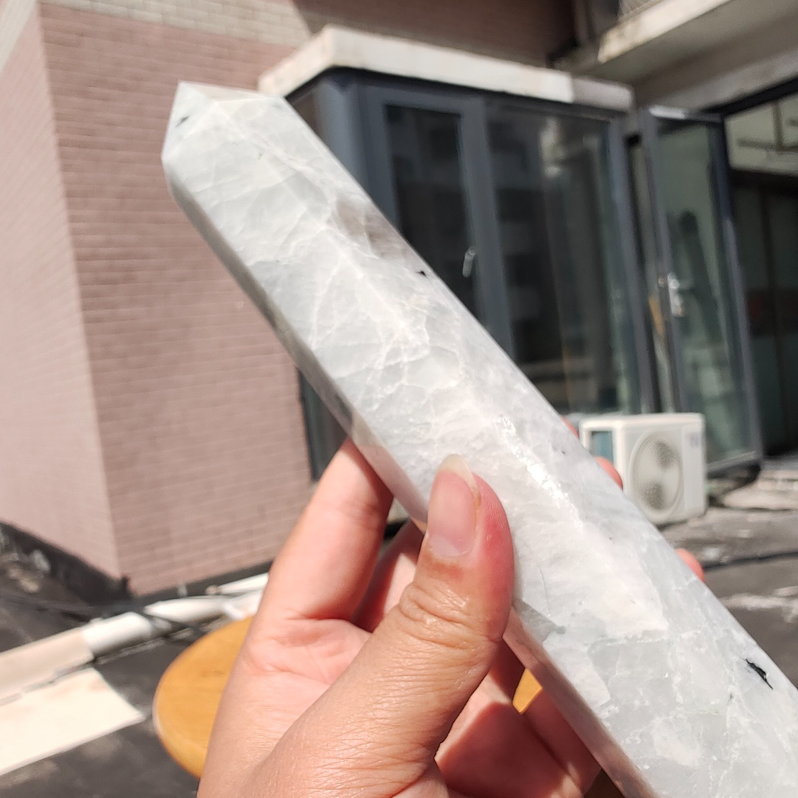 489g Large White Rainbow Moonstone Crystal Obelisk Tower Point Quartz Healing
