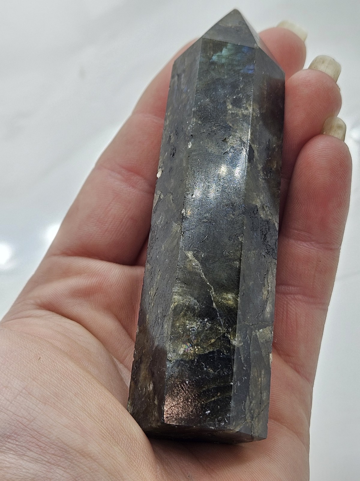 Flashy Labradorite Crystal Obelisk – High Polish Spectrolite Statement Piece