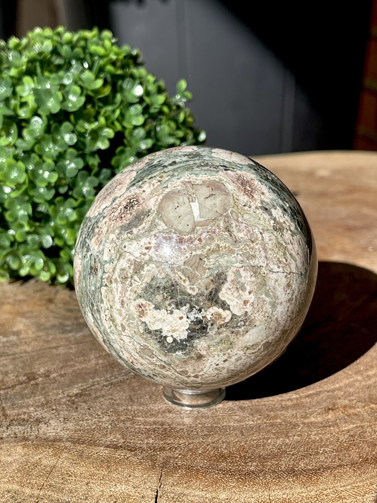 Natural Flower Jasper Sphere , Rhyolite Polished Orb , Green Russian Jasper 61mm