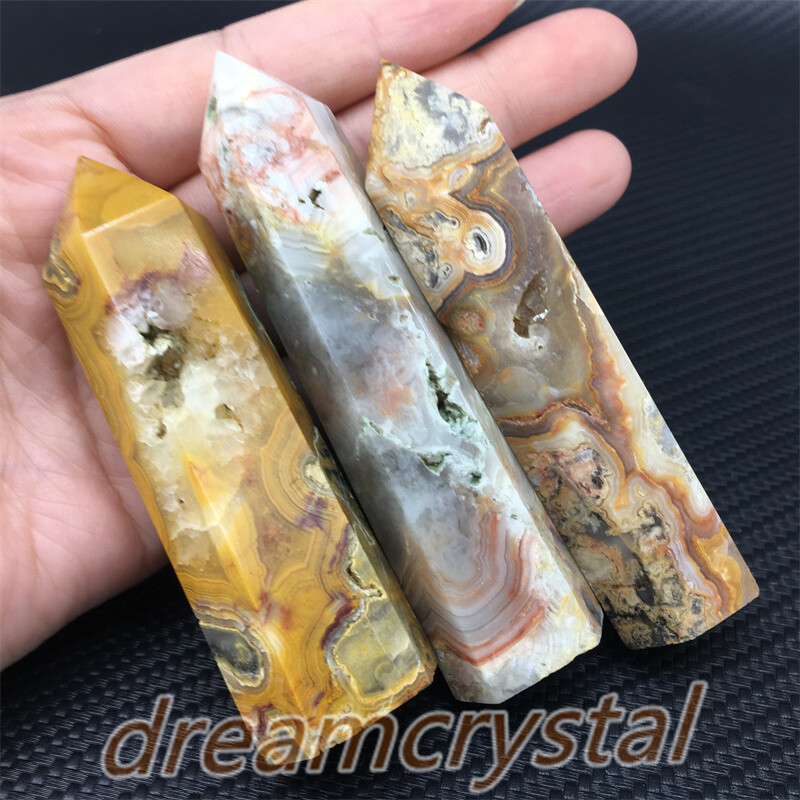 3pcs Natural Crazy Agate Obelisk Quartz Crystal Tower reiki point healing
