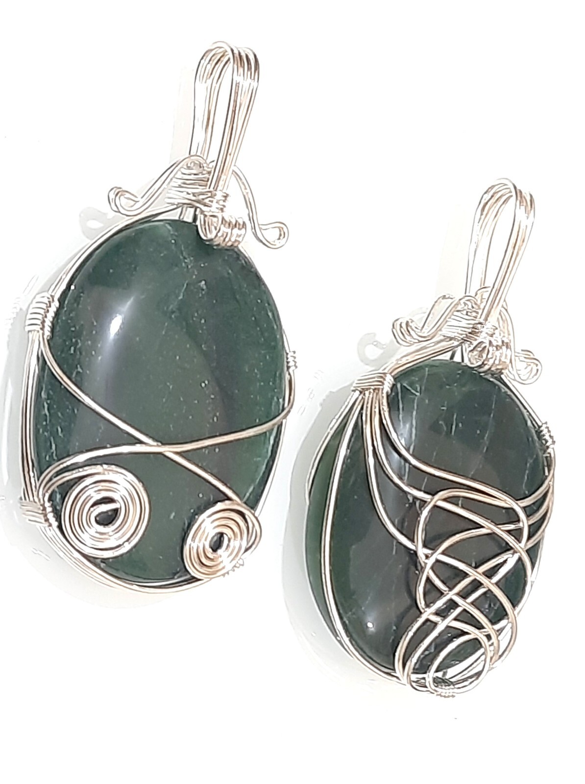 Natural stone Green Jade Wire Wrapped Unisex Pendant with cord and pouch