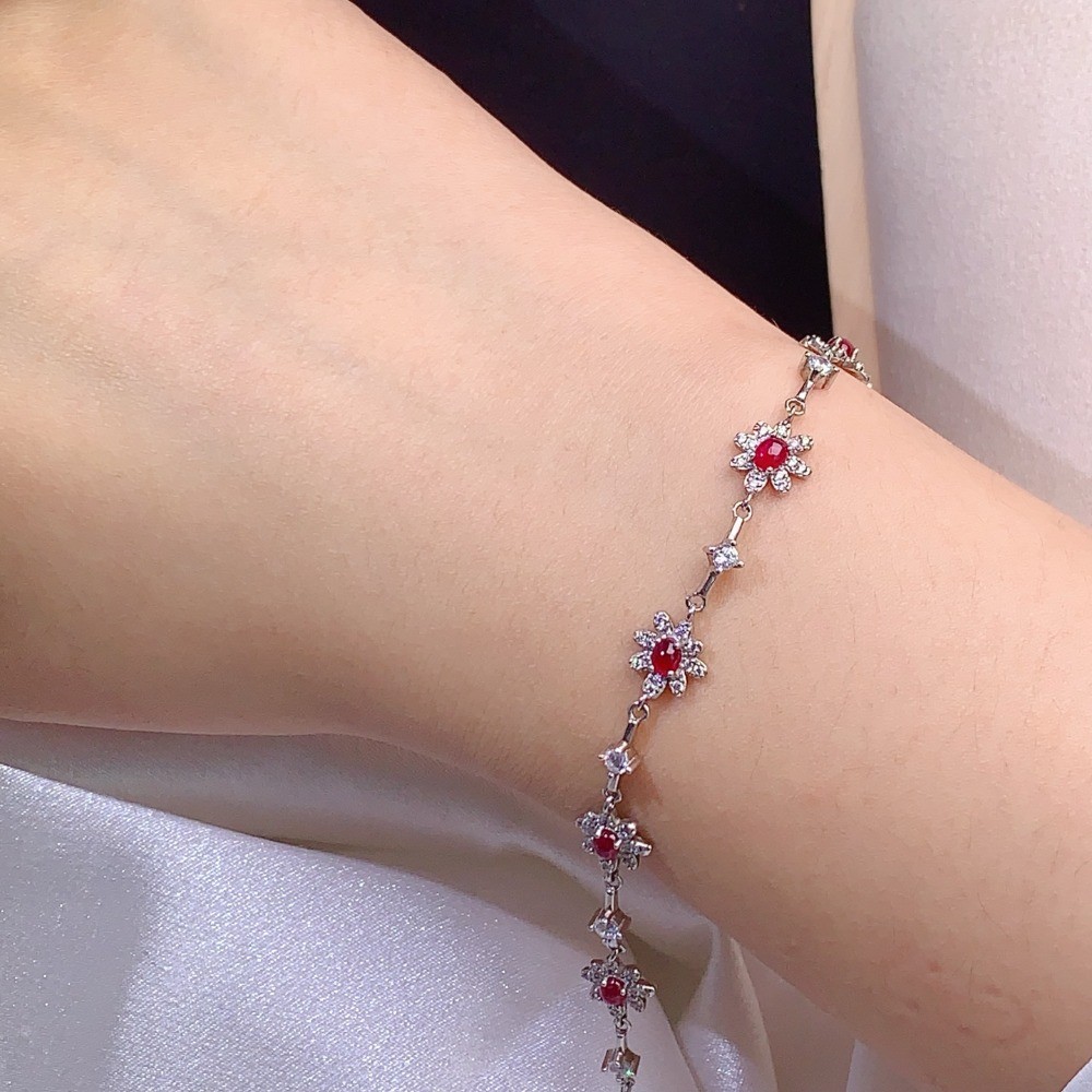 Natural ruby Floral Bracelet Gemstone jewelry S925 Silver Plated 18K Gold Gift