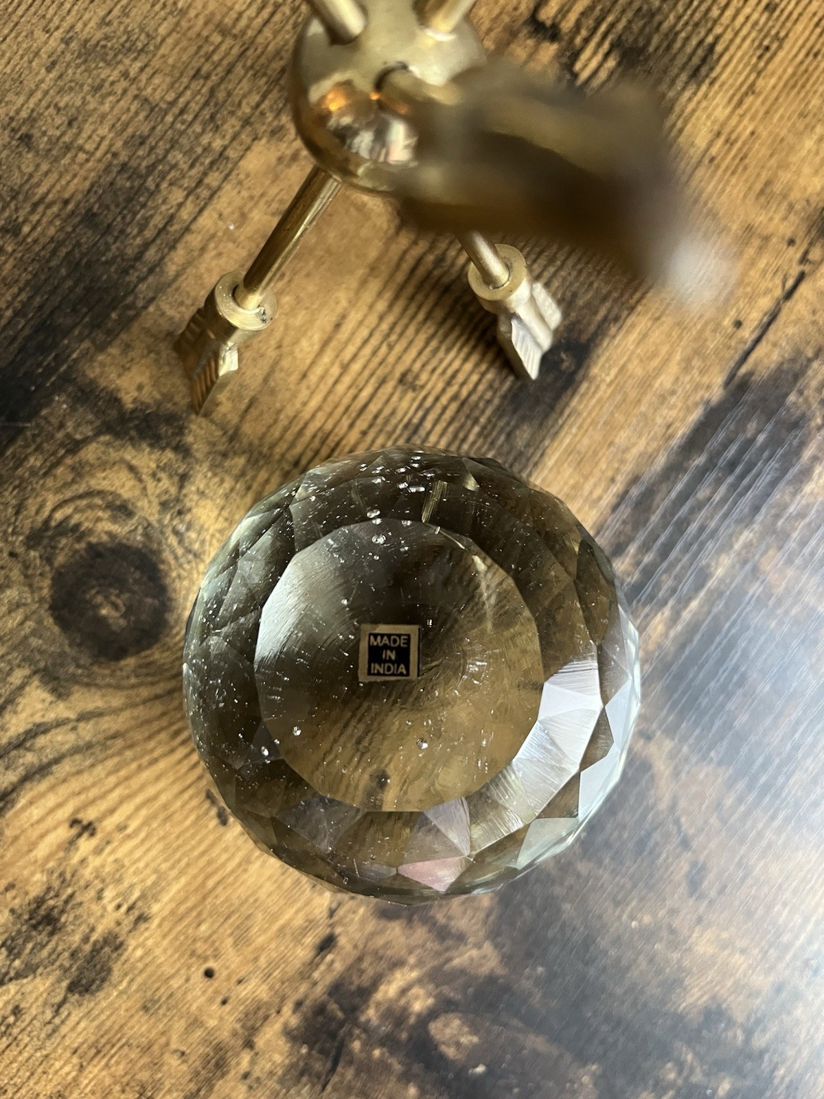 India Facted Crystal Sphere Prism With Flat Base W/ Brass Stand Multi Faceted