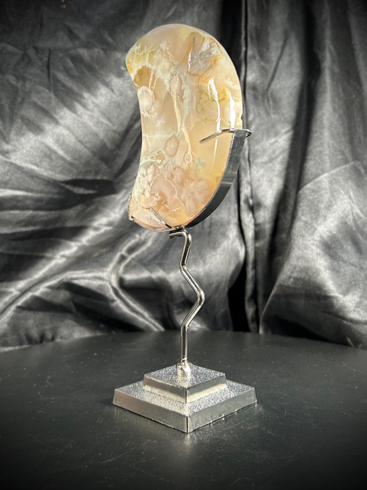 3.68″ Flower Agate Moon With Metal Stand 5.5oz (155 grams)