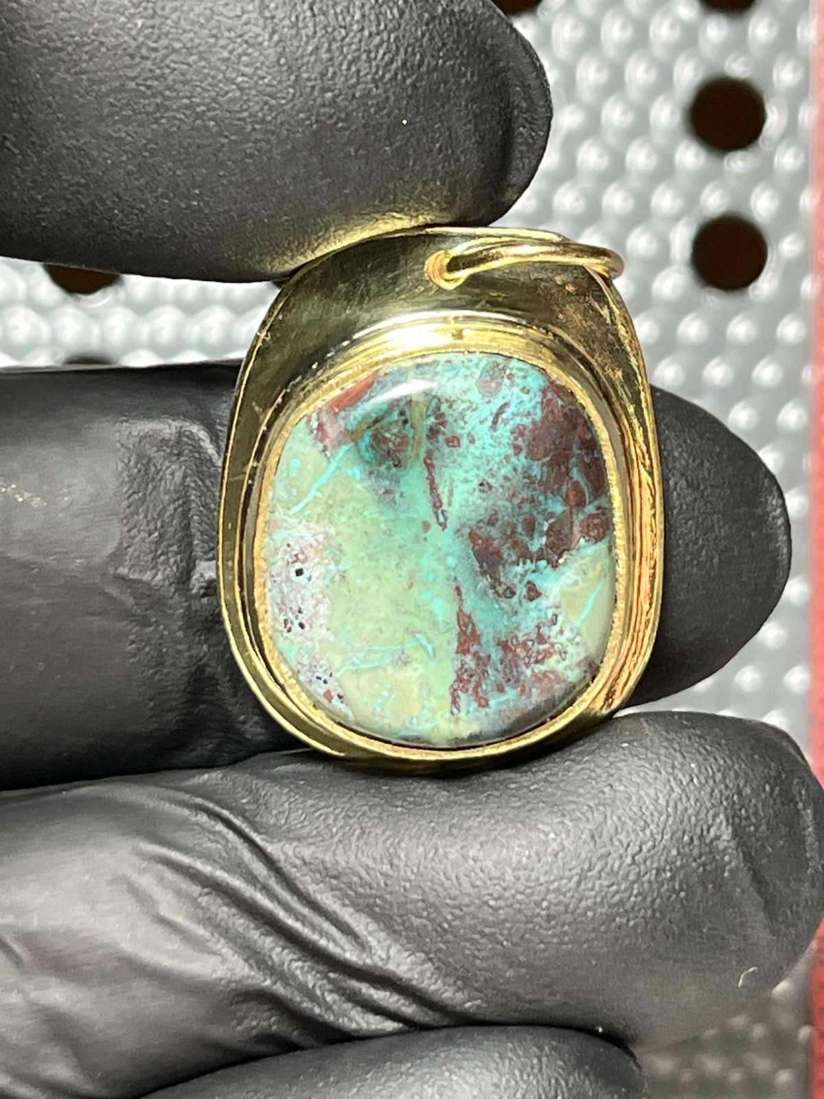 Blue Cyan Chrysocolla Set In Brass. Pendant Number 154