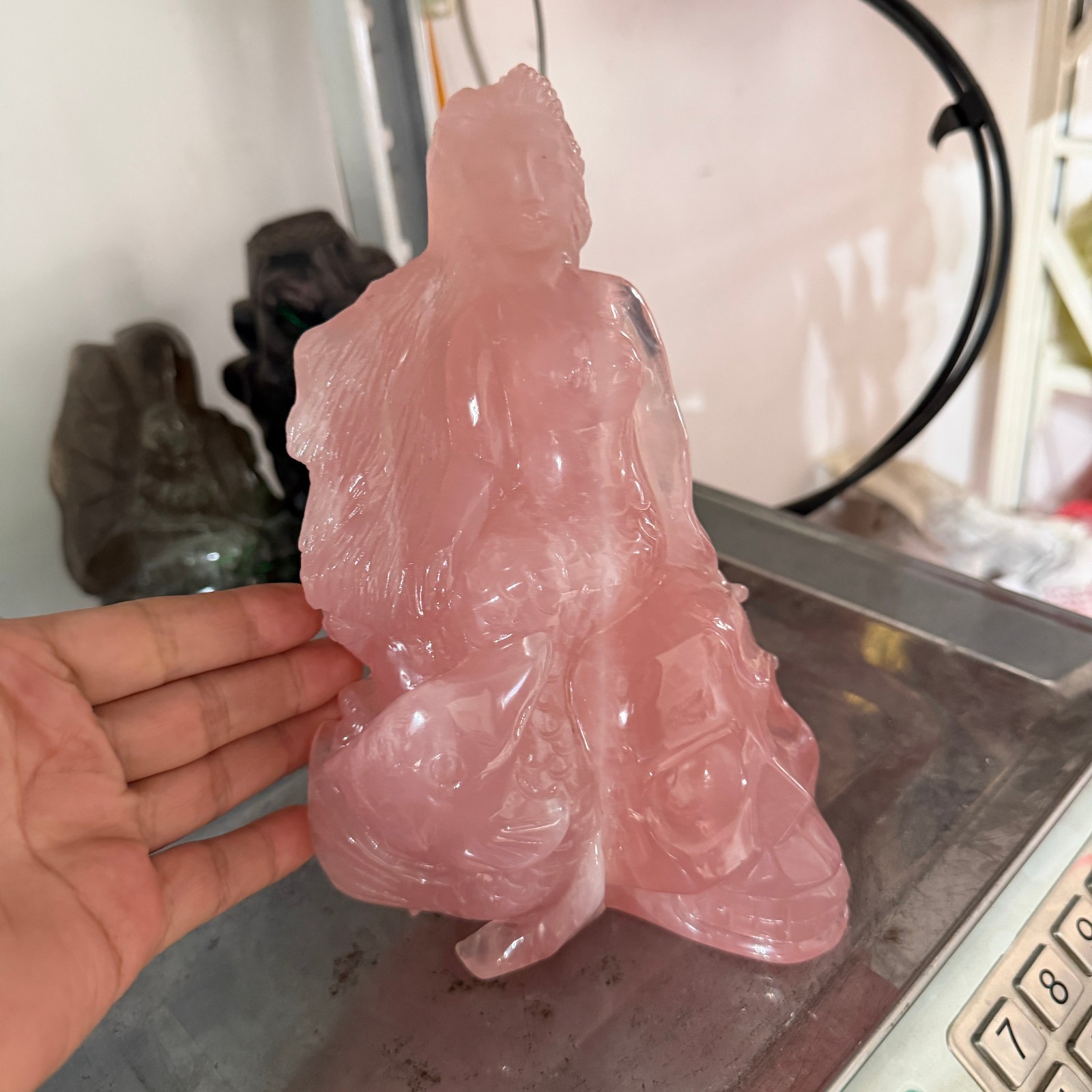 5.58LB Natural rose quartz Carved Crystal mermaid Skull Reiki Healing Decor