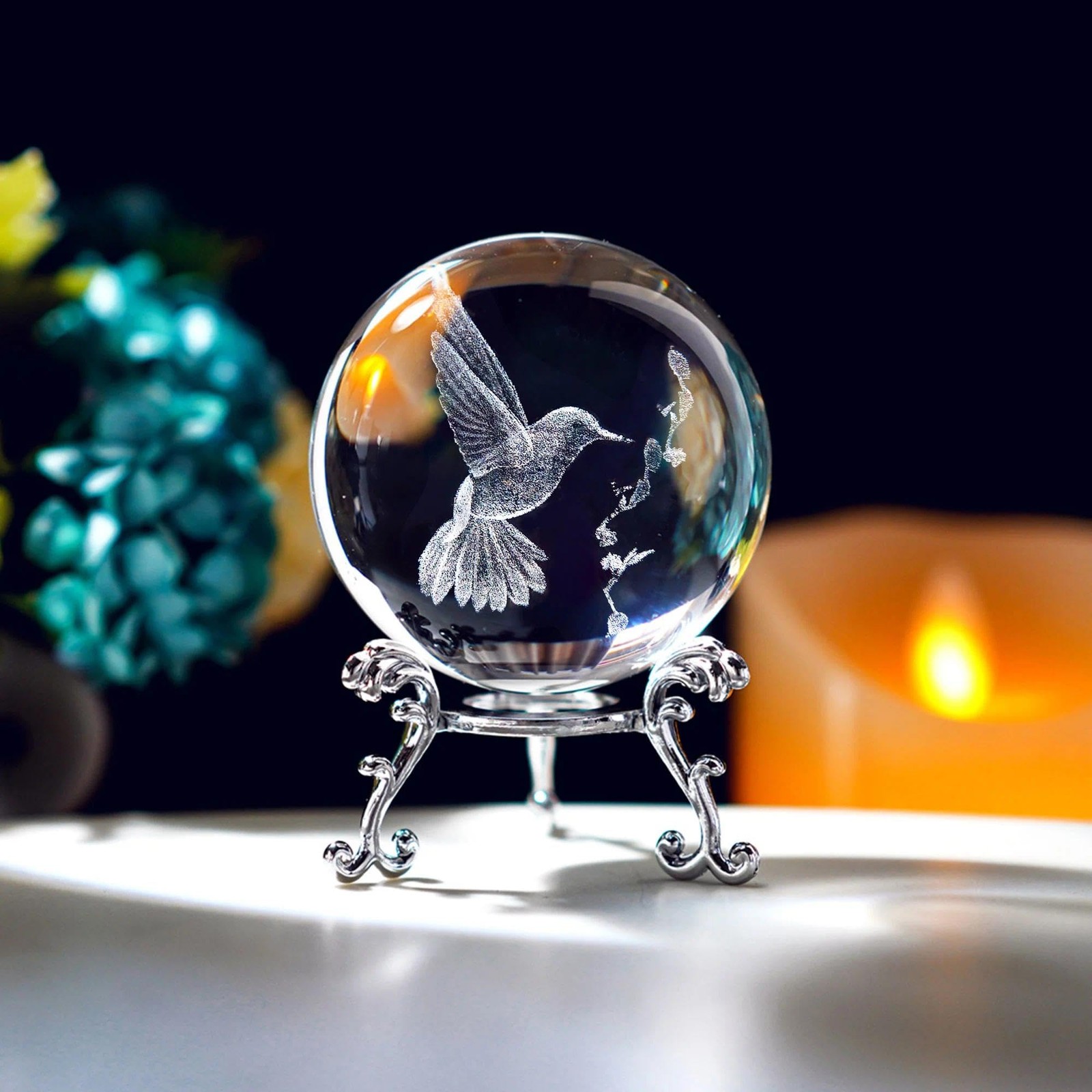 HDCRYSTALGIFTS 3D Hummingbird Crystal Ball 60mm – Laser 2.36inch, Clear