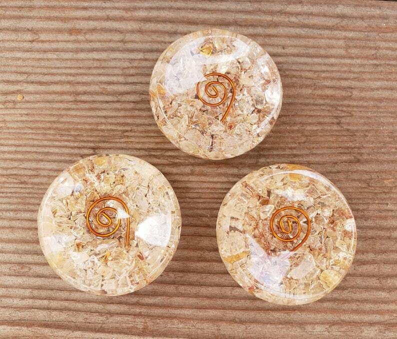 ORGONE CITRINE GEMSTONE SPHERE STAND AND WORRY STONE ORGONITE