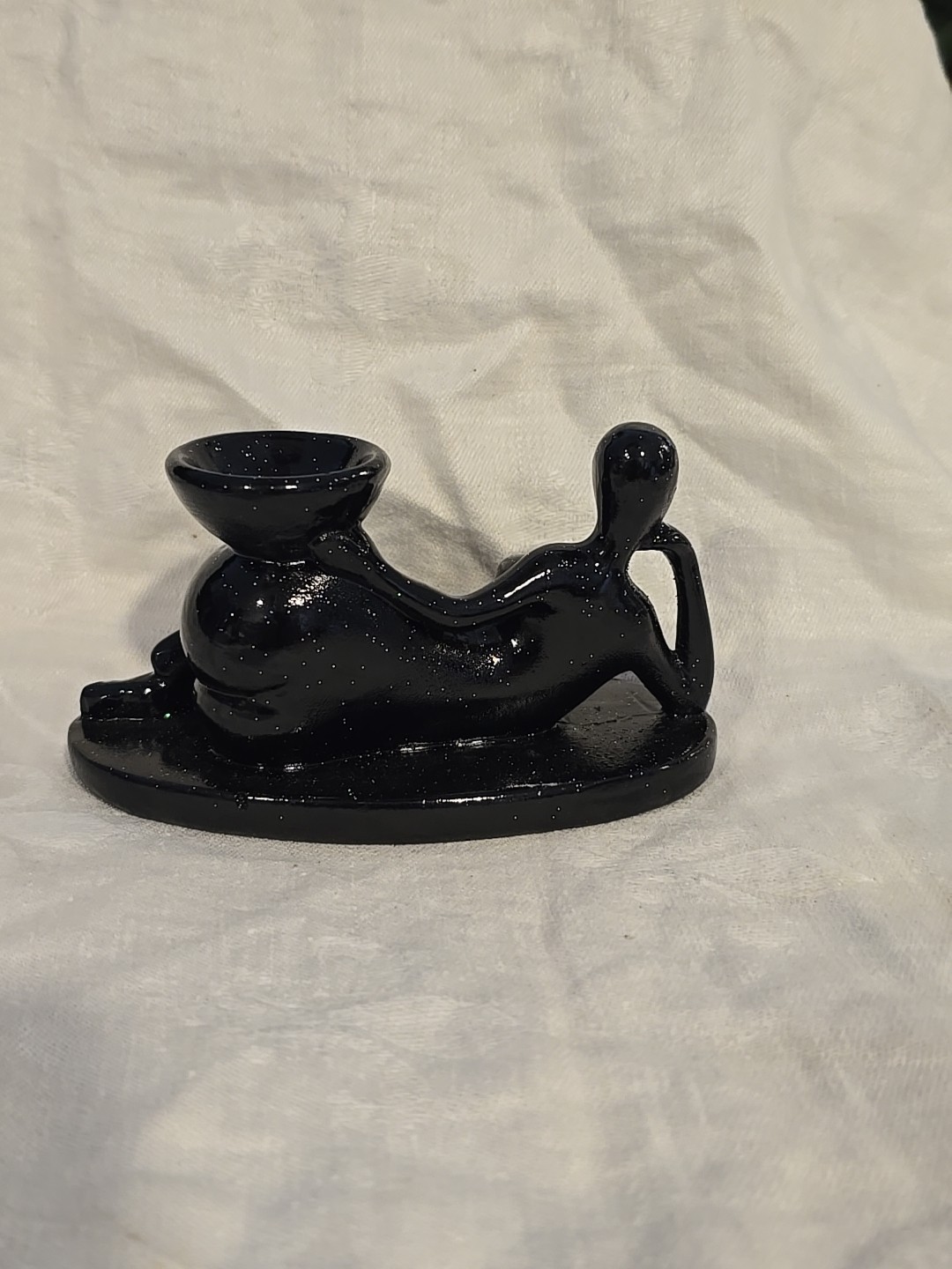 Art Deco Female Fluid Form Crystal Ball Sphere Holder Black Sparkle Carved Resin