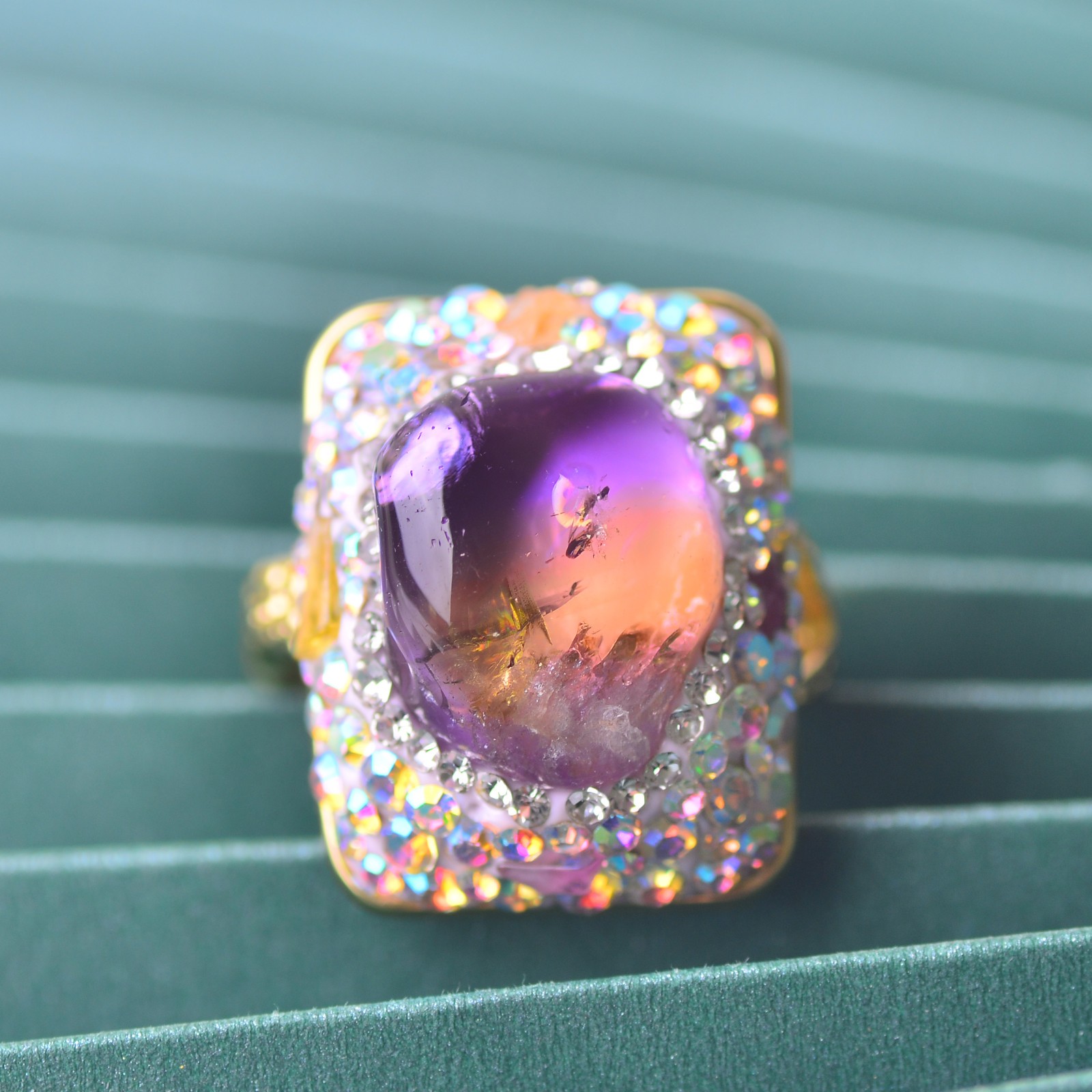 Amethyst and citrine ring, alloy inlaid with handmade gemstone Energy Crystal