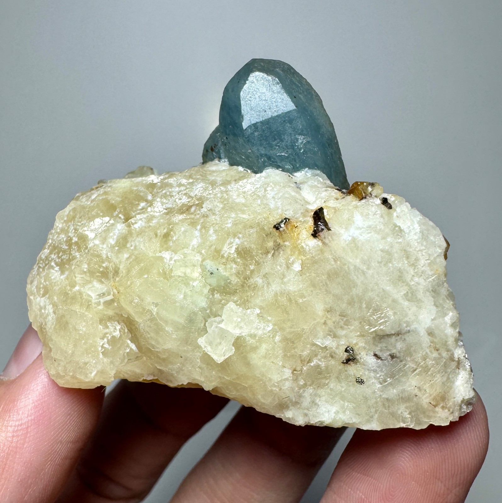 78 Grams Full Terminated Top Fluorescent Sky Blue Afghanite Crystals On Calcite