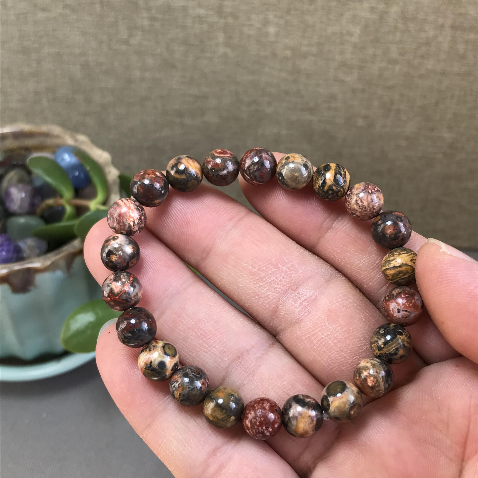 5Pcs Wholesal Natural Polish Leopard stone bracelets Crystal ball sphere 8mm