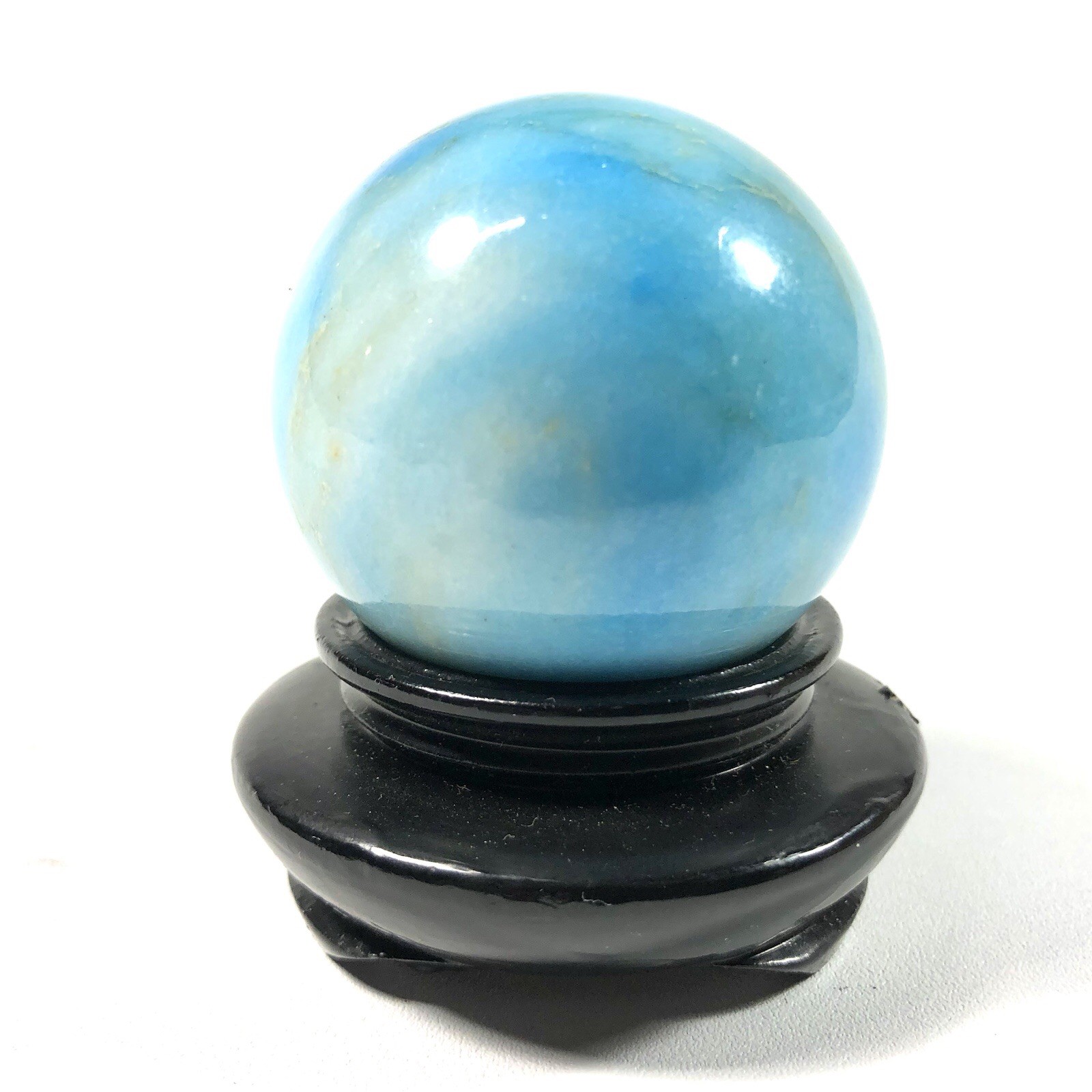 50mm Natural Polished Turkish Blue Stone Sphere & Round Black Wooden Pedestal