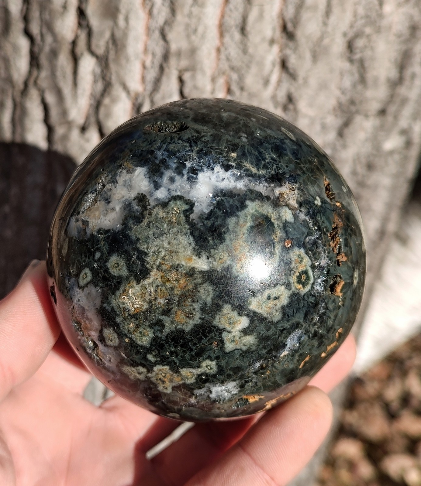 85mm Green Ocean Jasper Sphere, Black Crystal Druzzy Ocean Jasper Display Sphere