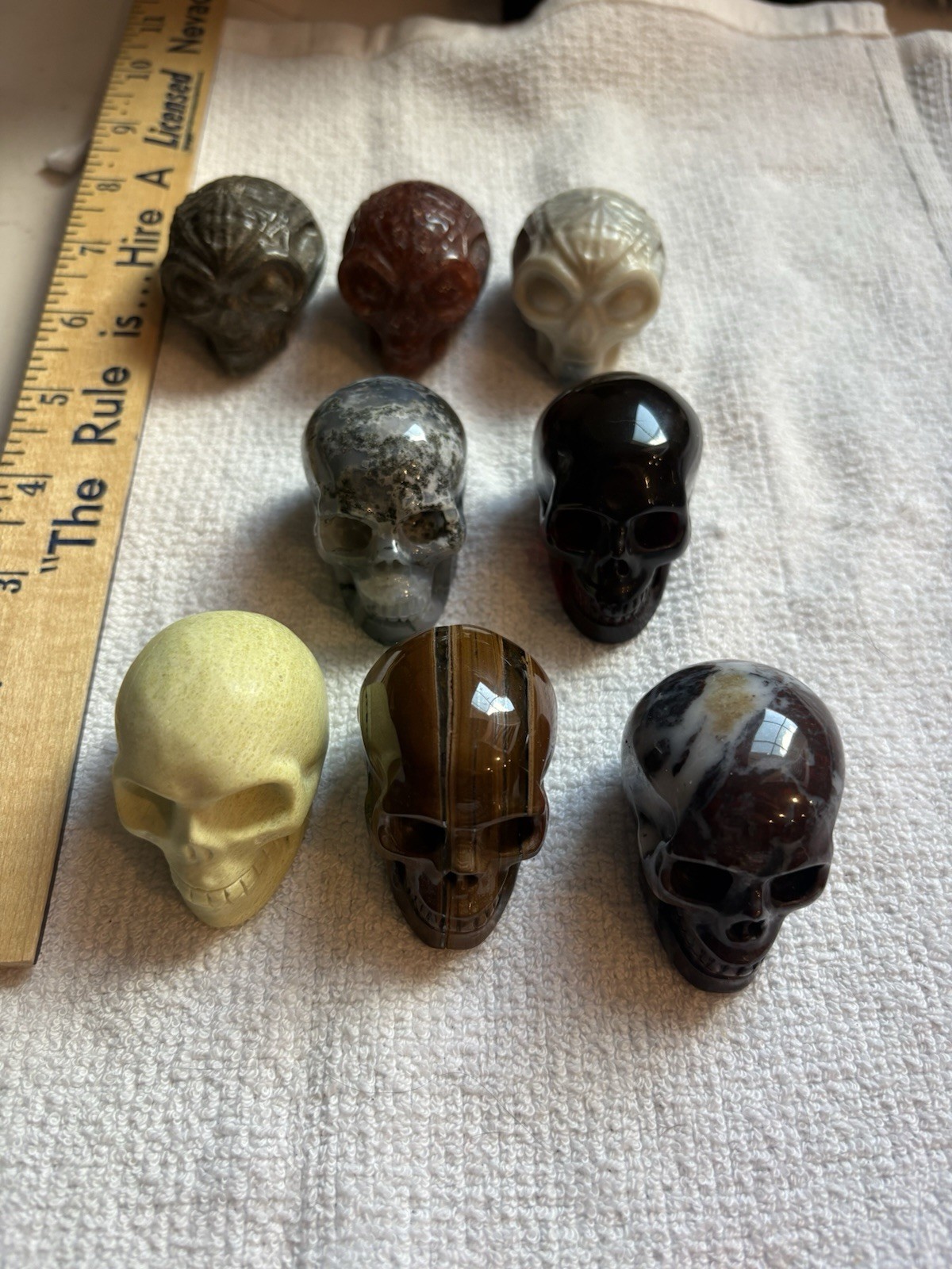 Lot If 8 Mini Skulls Human And Alien Green Moss Agate Pyrite Tiger Iron Eye