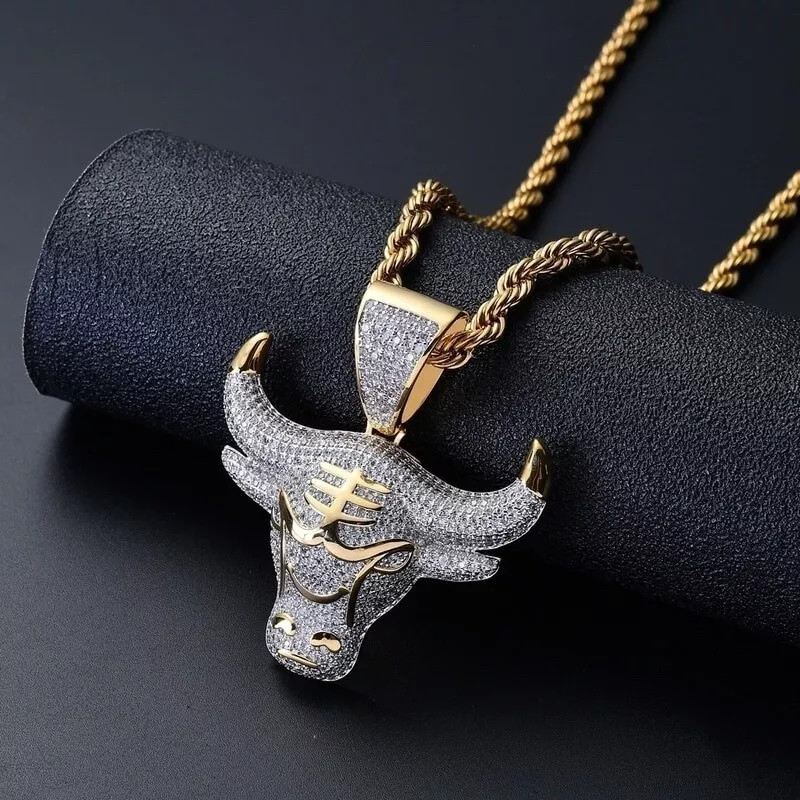 Men’s Fashion Jewelry Gold Rhinestone Bull Head Pendant Necklace