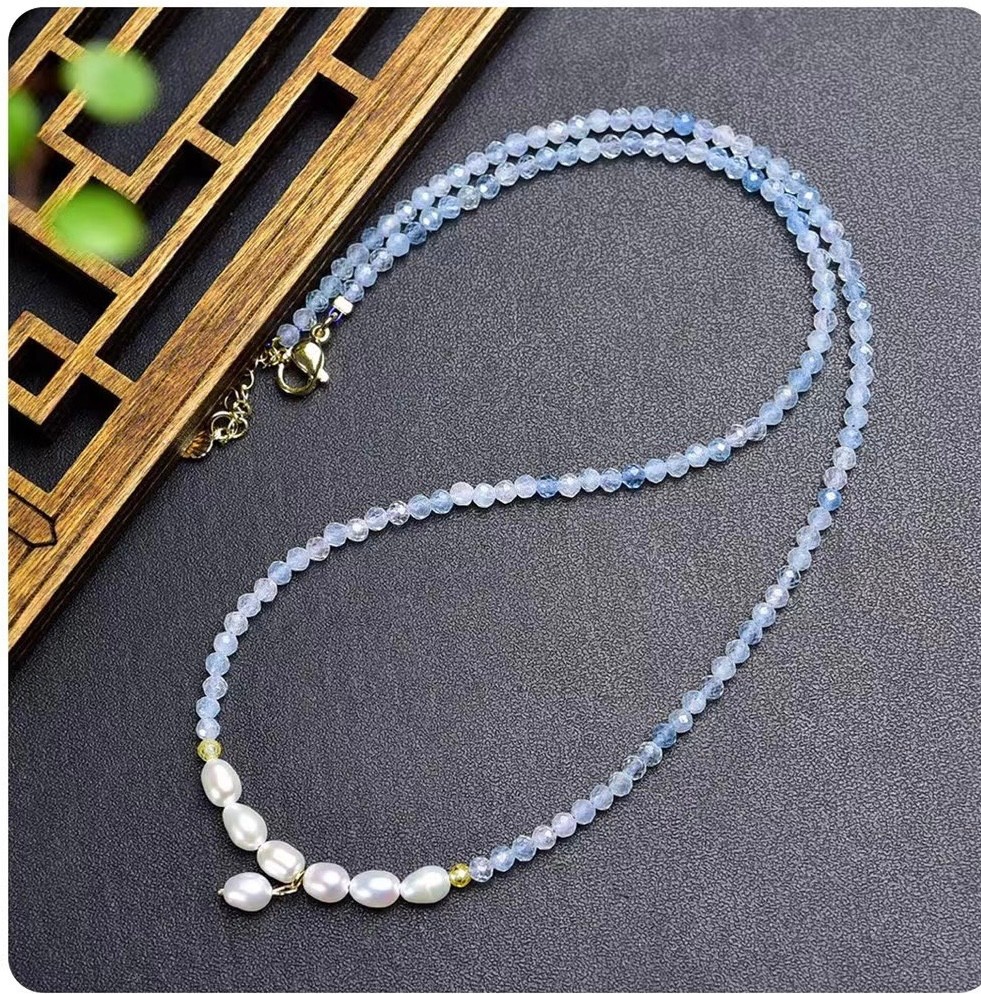 Aquamarine Pearl Necklace Tiny 2.5mm Beaded Healing Delicate Women Crystal