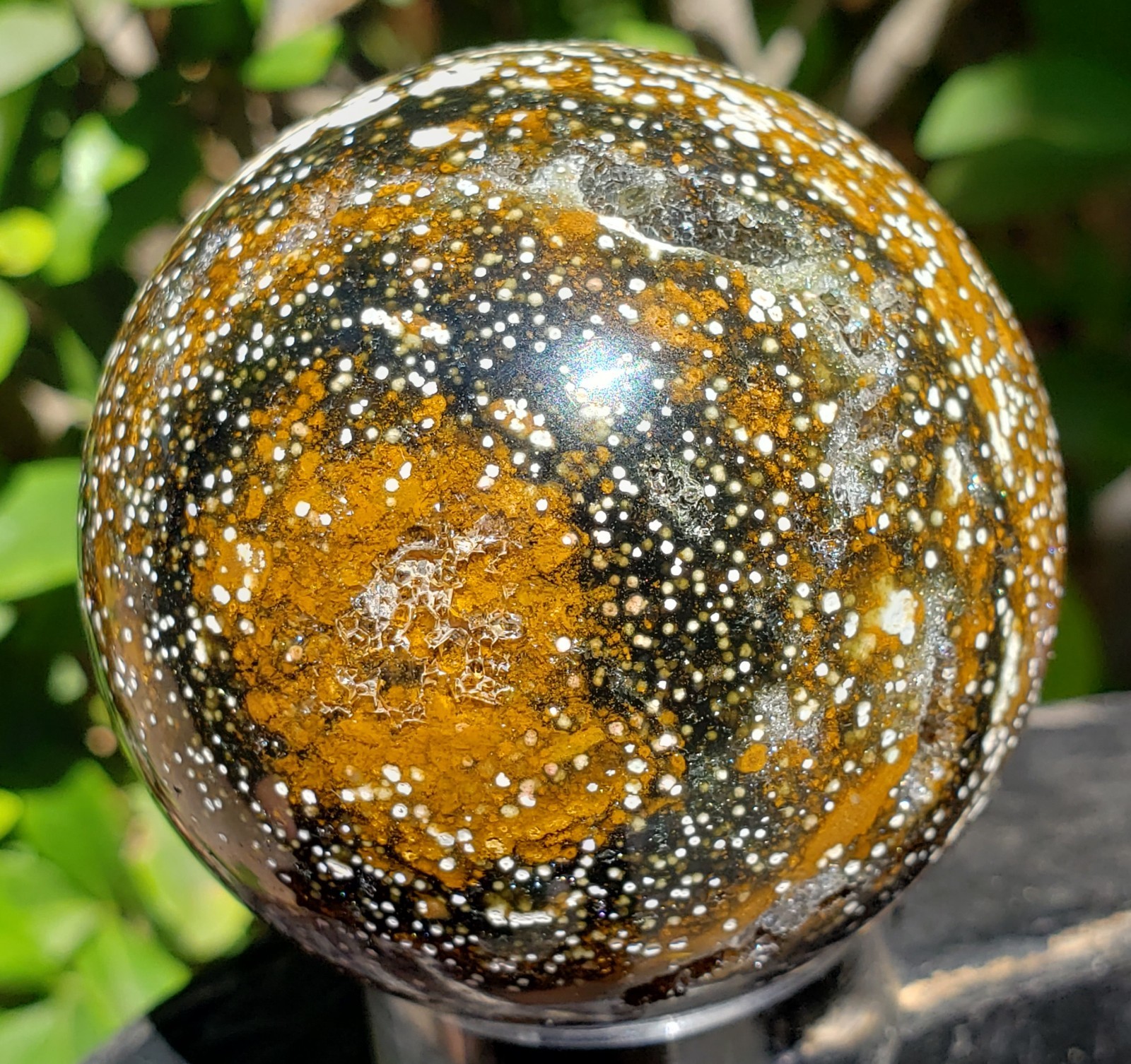 2.1″ Natural 8th Vein Orbicular Ocean Jasper Crystal Sphere Quartz UV Druzy,199g