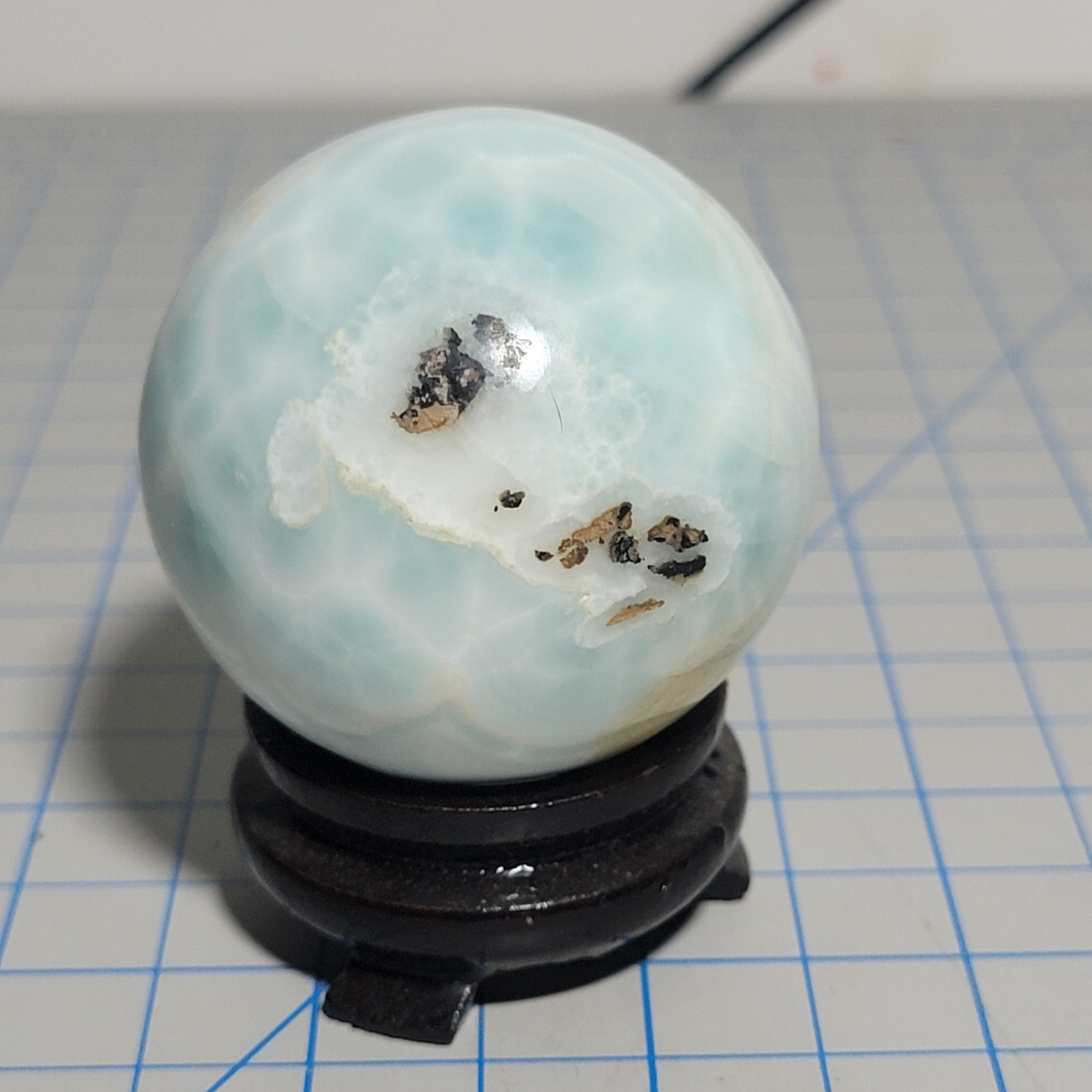 50mm Natural Dominican Larimar Polished Sphere w/Matrix Wooden Stand Included