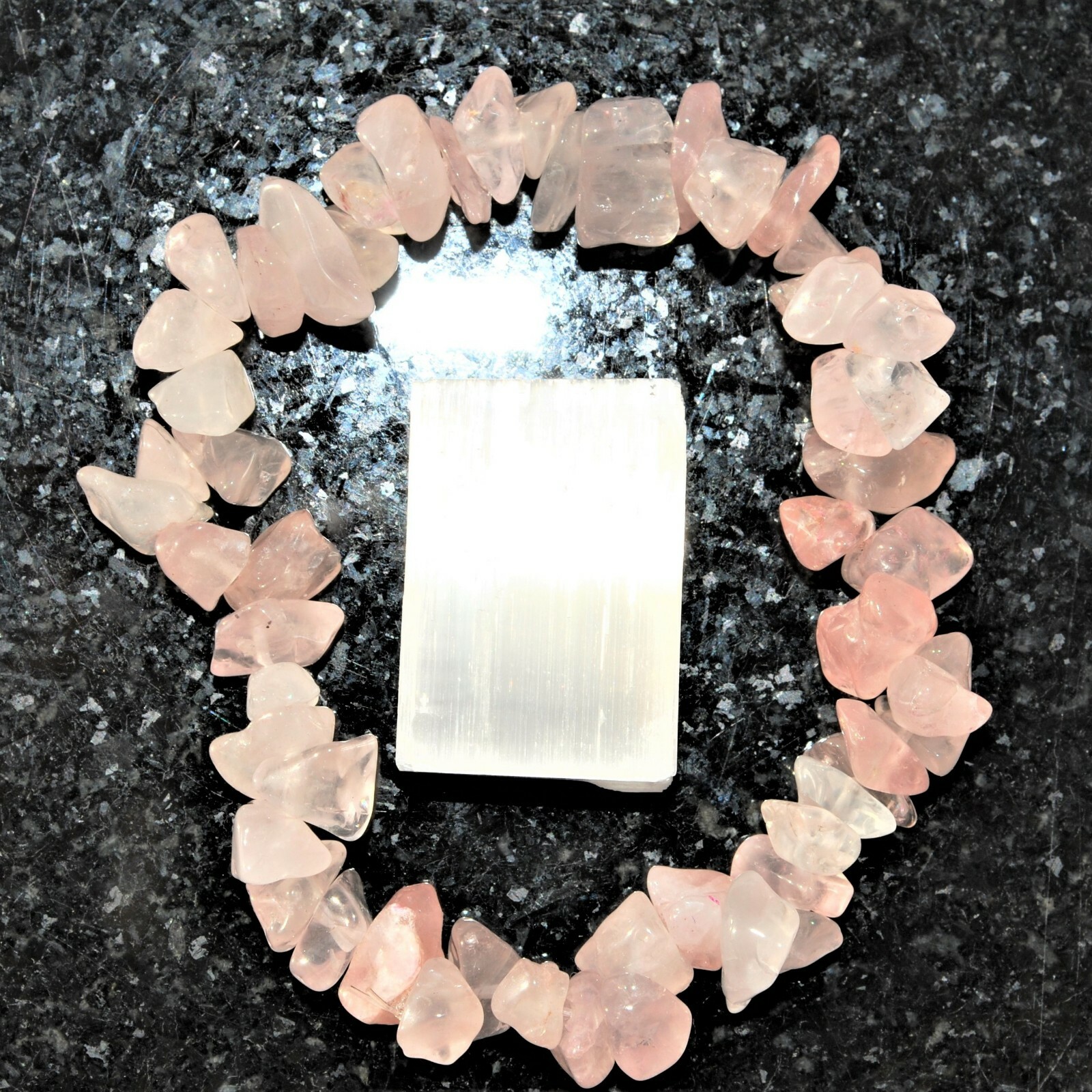 Premium CHARGED Rose Quartz Crystal Chip Stretchy Bracelet +Selenite Puffy Heart