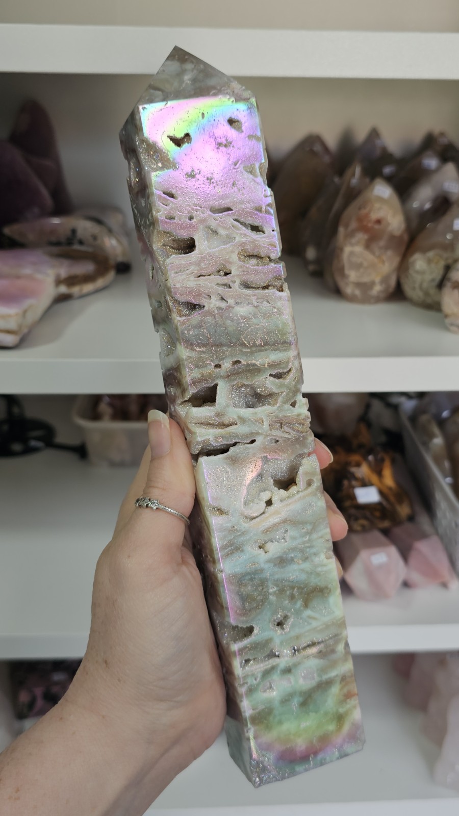 large Druzy Rainbow Angel Aura sphalerite crystal tower 755g 26.2cm