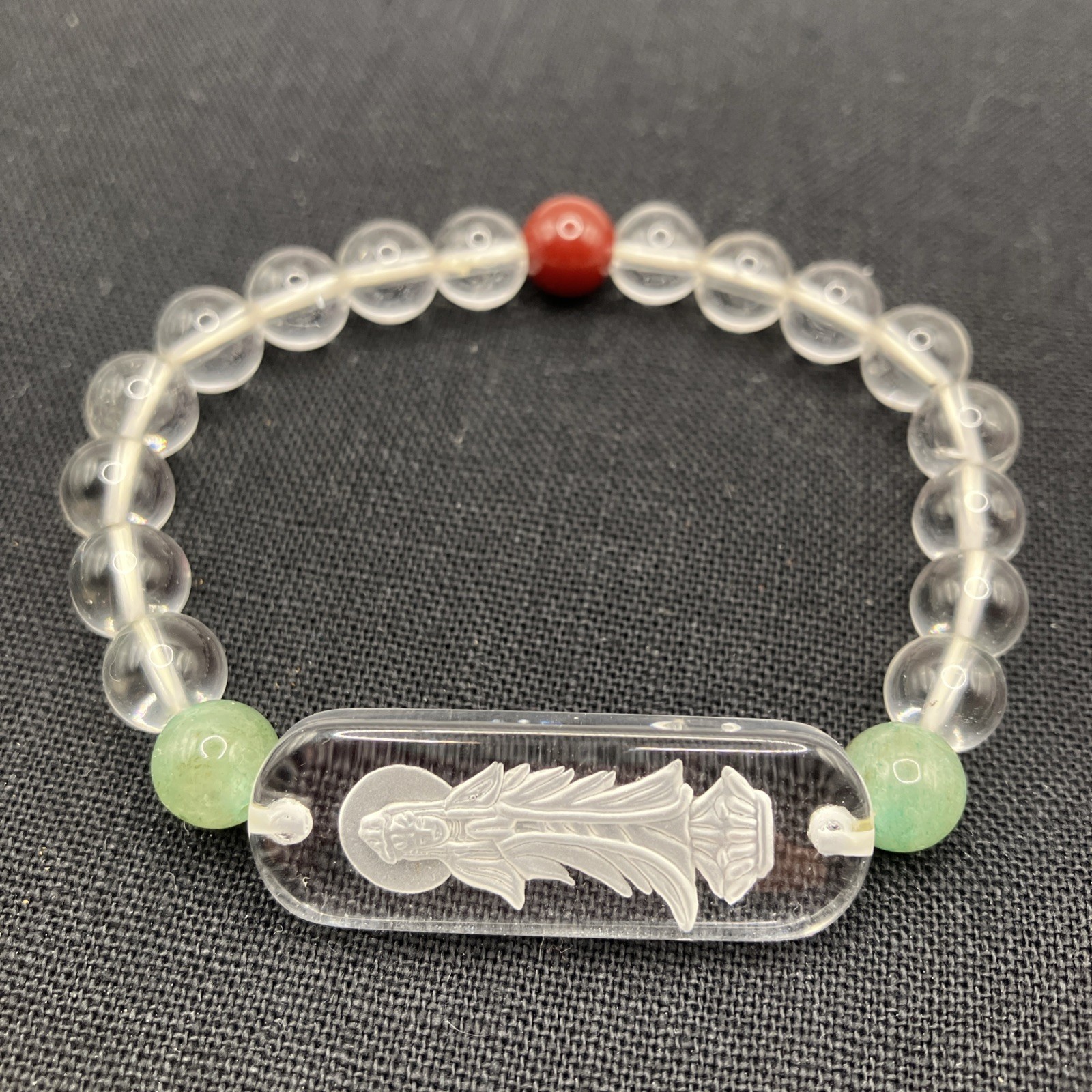 ASIA WHITE QUARTZ & JADE GREEN NATURAL MINERAL STONE BRACELET ETCHED BUDDAH