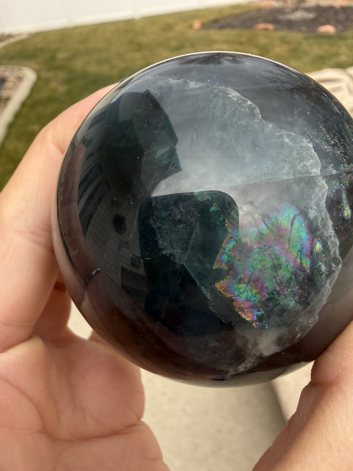 Fluorite Large Dark Blue, Green Crystal Gemstone Sphere Crystal with Stand