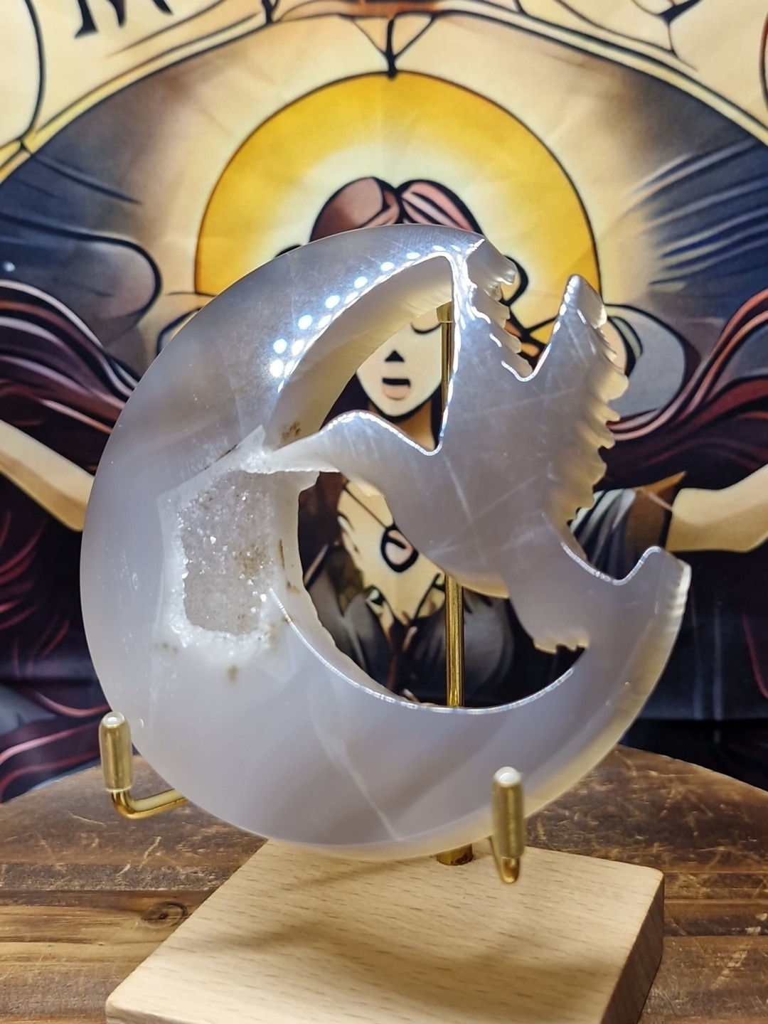 Stunning Druzy Agate Crystal Humming Bird & Moon Carving 90mm 127g & Stand