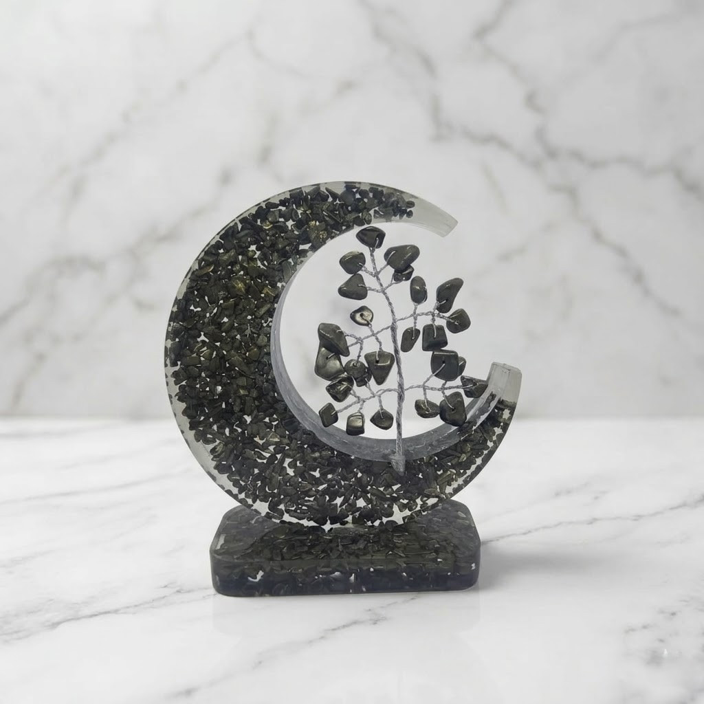 Handcrafted Pyrite Crystal Tree, Wealth and Abundance Decor, Crescent Moon Gems