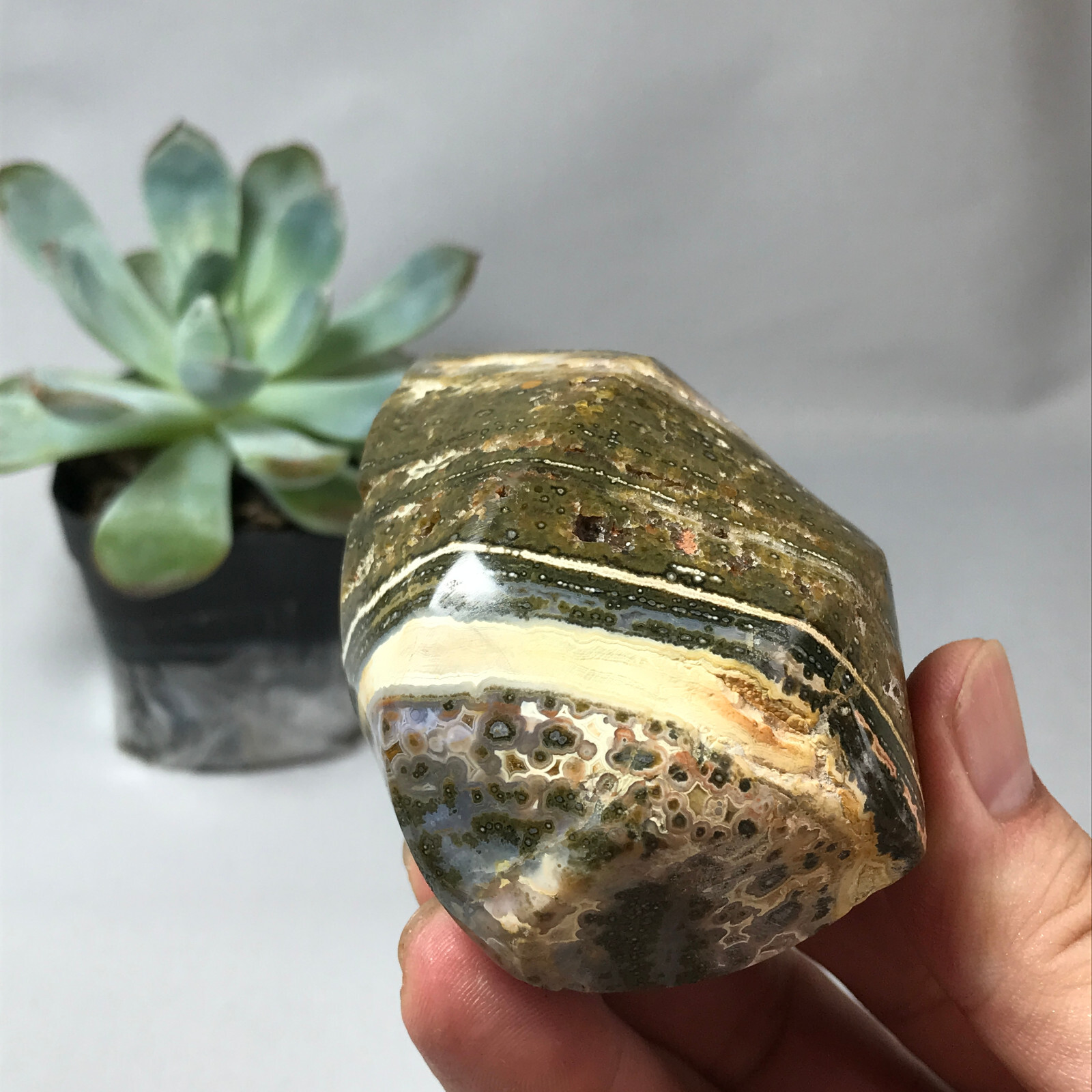 Natural Ocean Jasper torch Hand carve polish Crystal free standing 262g g6634