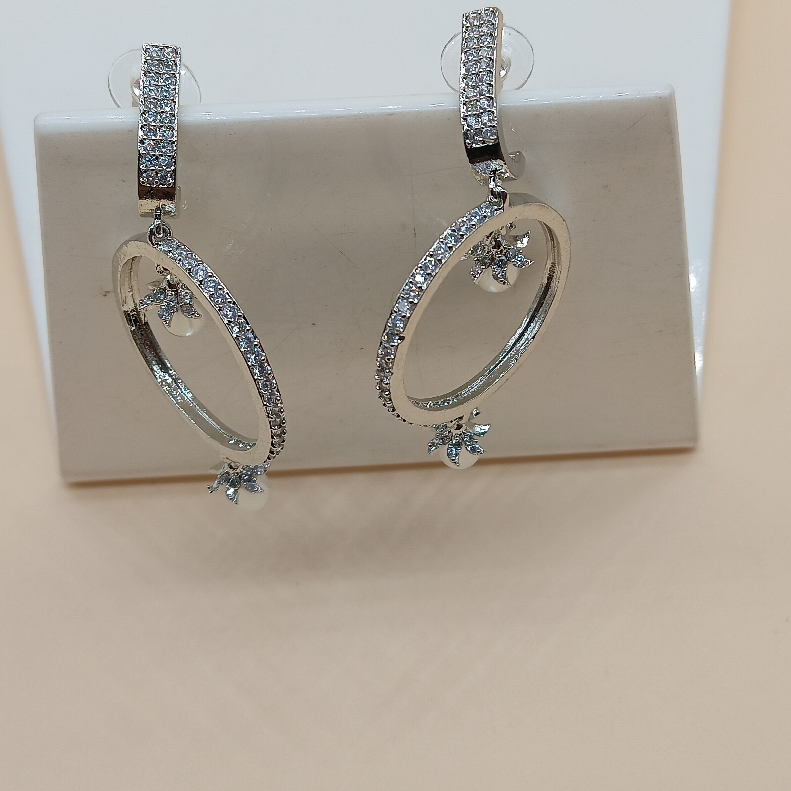 Silver Hoop Earrings with Pearl Drops and Crystal Accents