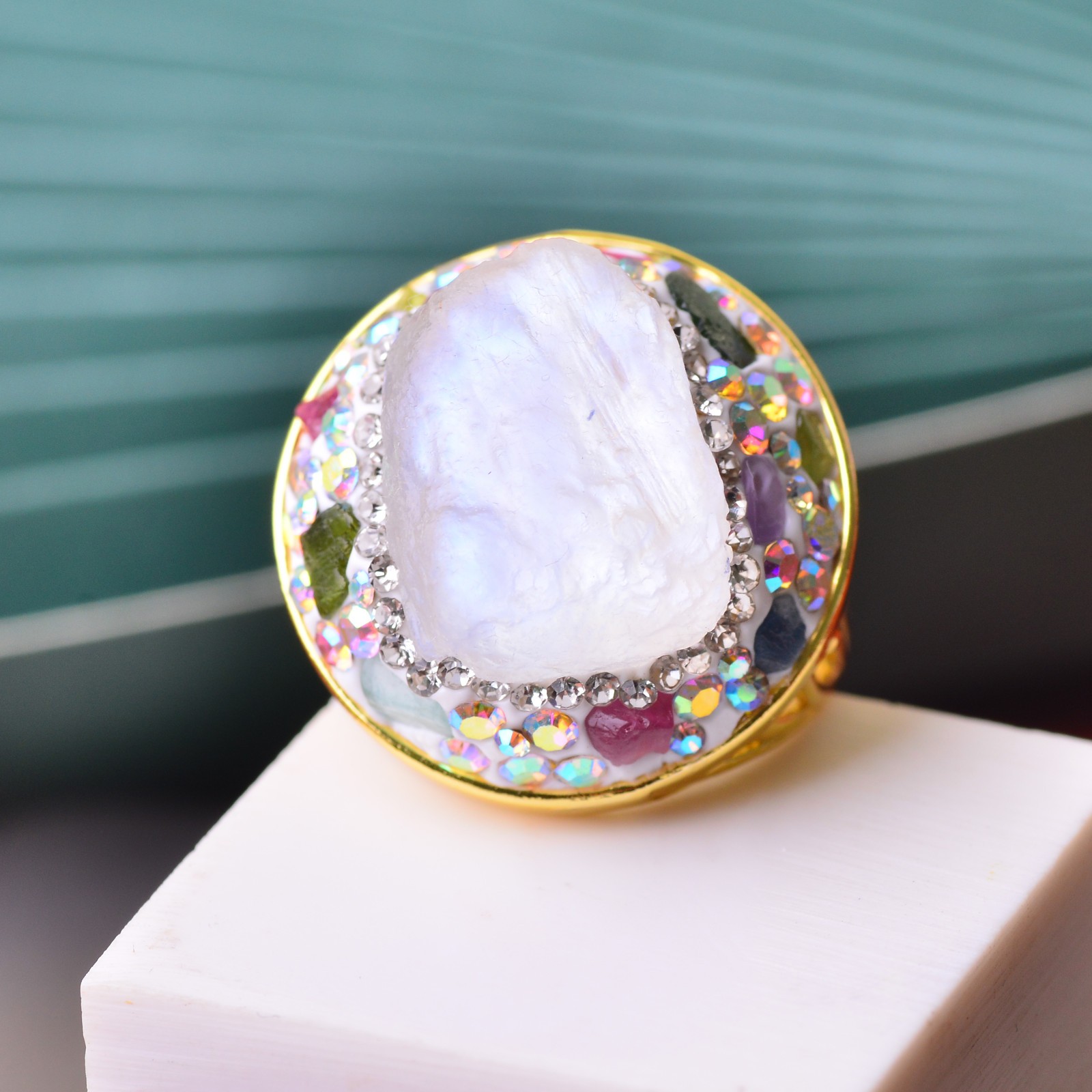 White Moonstone ring alloy inlaid with handmade gemstone jewelry Love Stone