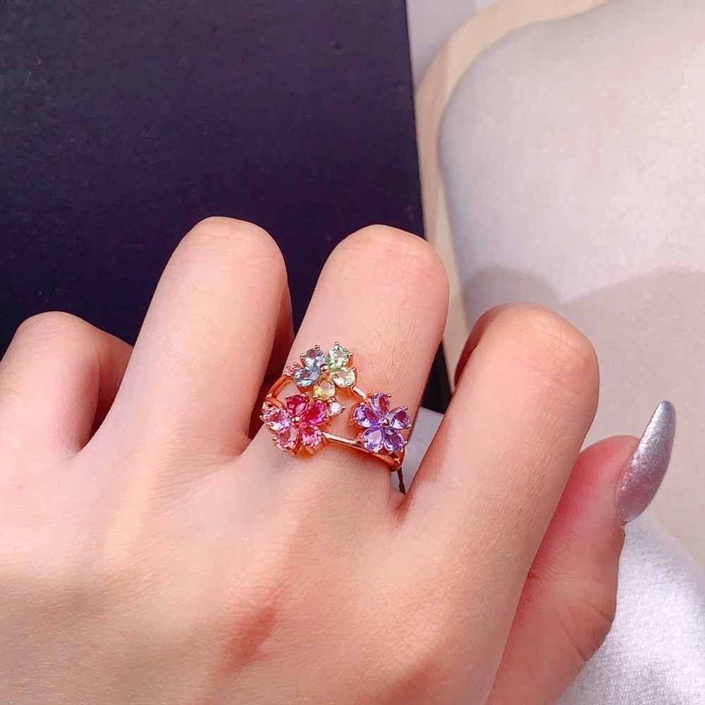 Natural Tourmaline open Adjustable Ring Gemstone S925 Silver Plated 18K Gold