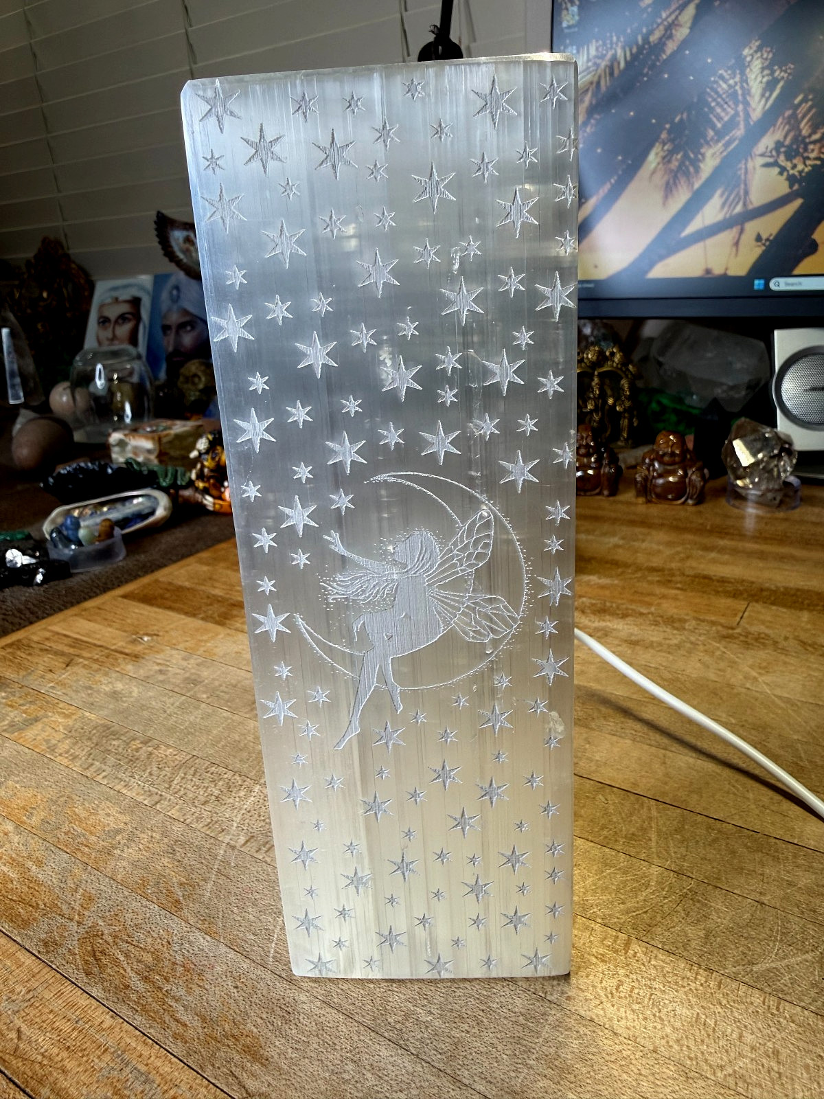 Selenite Mineral Gemstone Artist Etched Fairy Angel Led Lamp Specimen 222