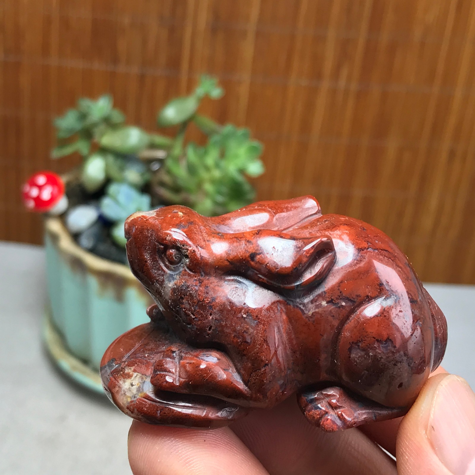 Natural bloodstone carve Rabbit & Copper Coin Figurine, Feng Shui Wealth Luck 82