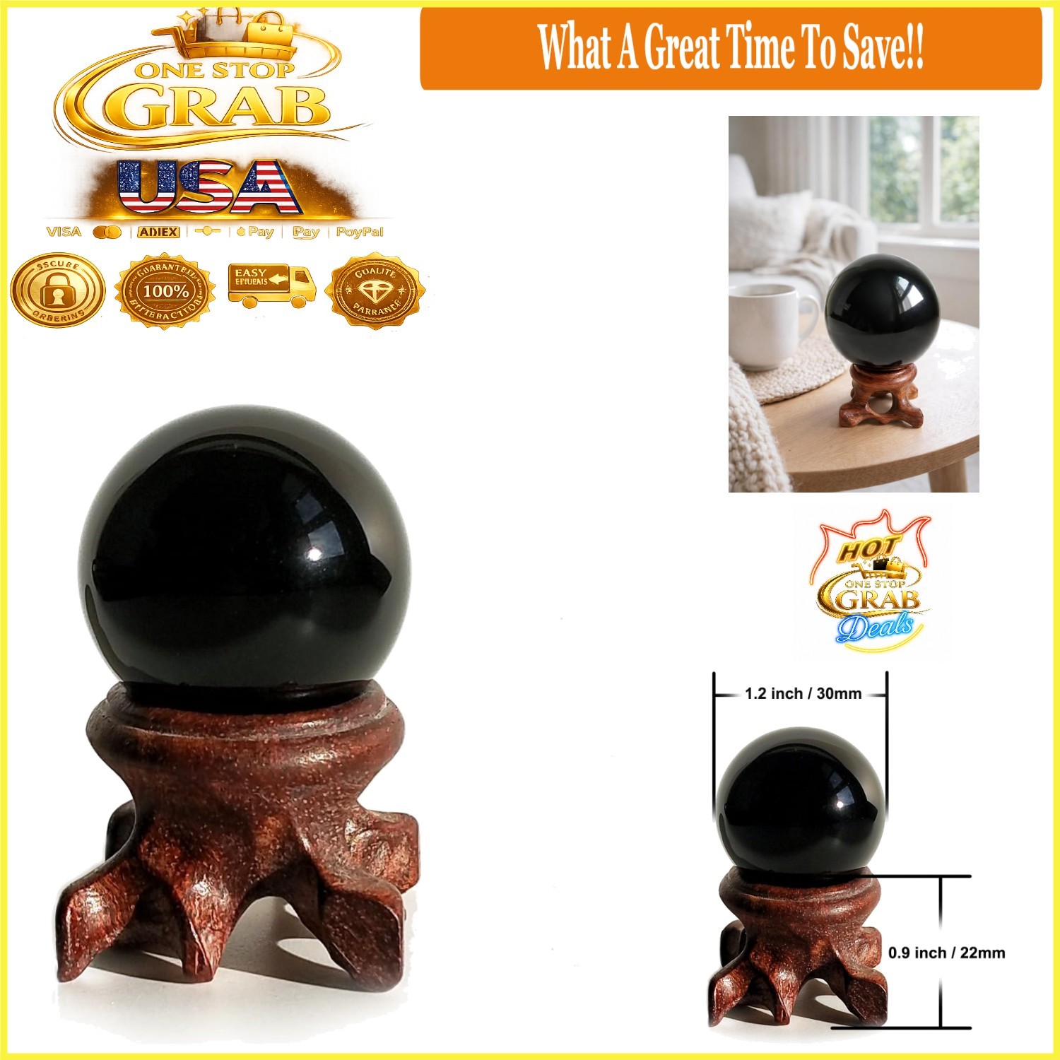 Obsidian Sphere for Meditation and Feng Shui with Wooden Stand 30mm Black Cry…