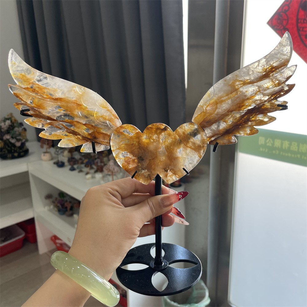 1.2LB 10.2″ Natural Golden Healer Love Wings Crystal Wings Carving Home Decor