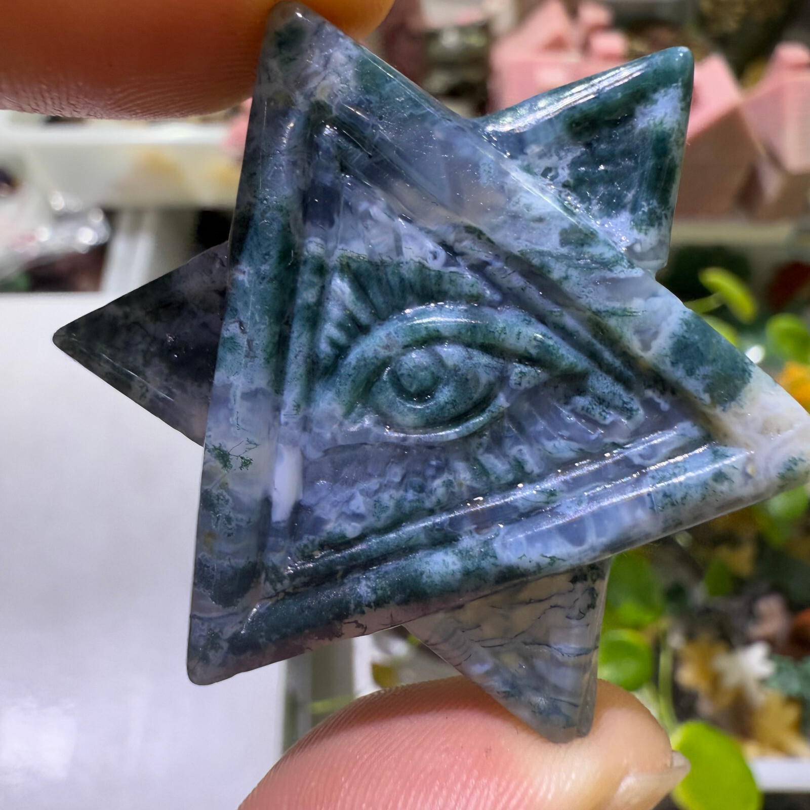 Natural Water grass agate God’s eye Quartz Crystal Carved Reiki Healing 1pc