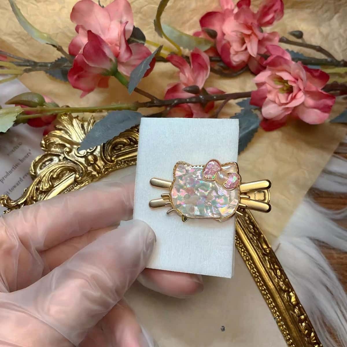 1PC Bow Cat Head Hair Clip with Mother-of-Pearl | 60x30mm Handmade Alloy