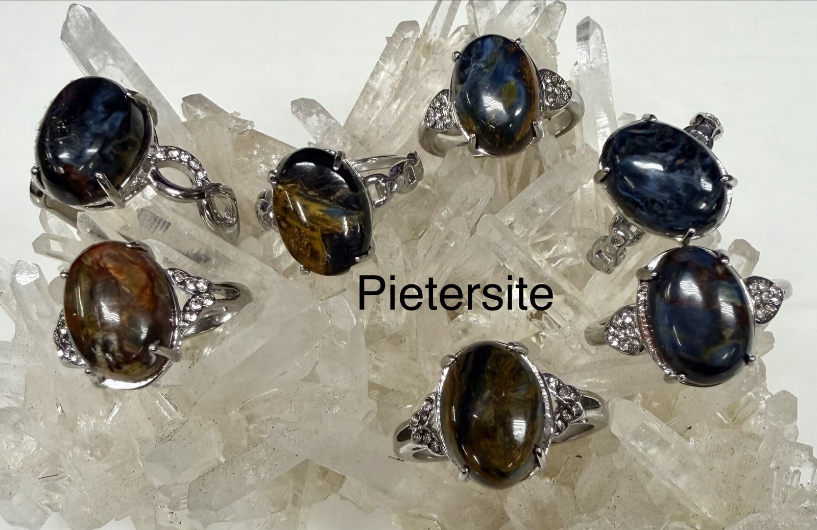 Wholesale 7 Pcs Natural Pietersite Stainless Steel(316) Rings Crystal 10x14mm