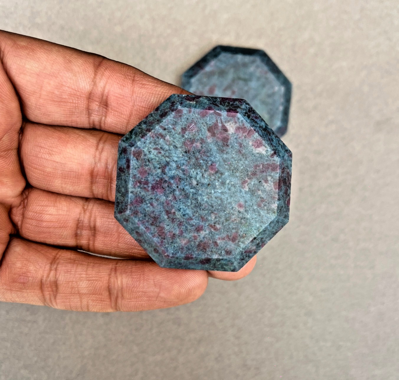Ruby Kyanite Palm Stone UV Reactive Fluorescent Crystal Octagon 48mm