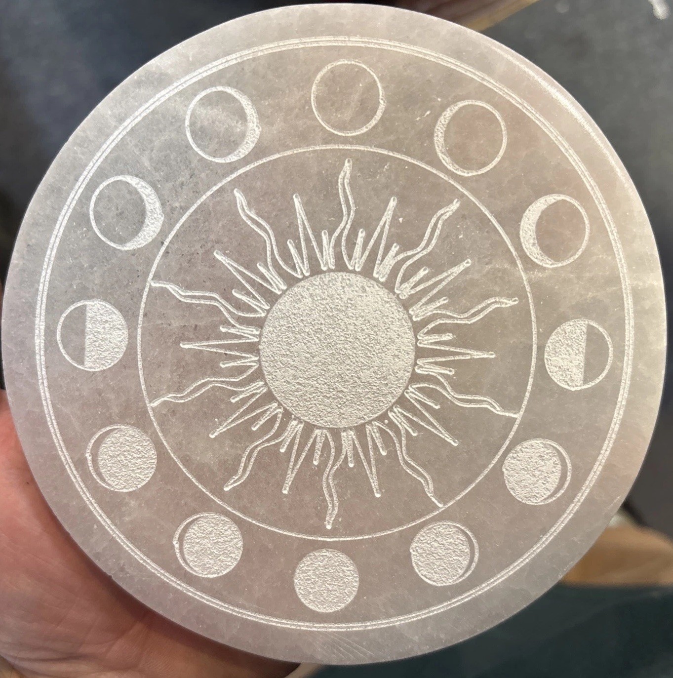 5 1/2” Selenite Charging Plate/Grid With Sun And Moon Phases