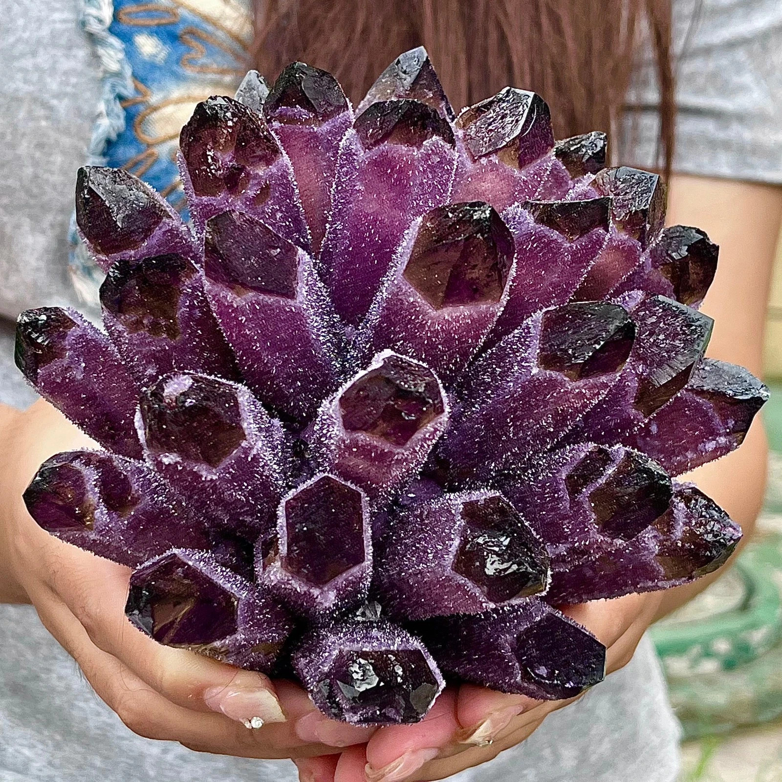 2.2lb Natural Dark Purple Phantom Cluster Titanium Geode Quartz Crystal Ornament