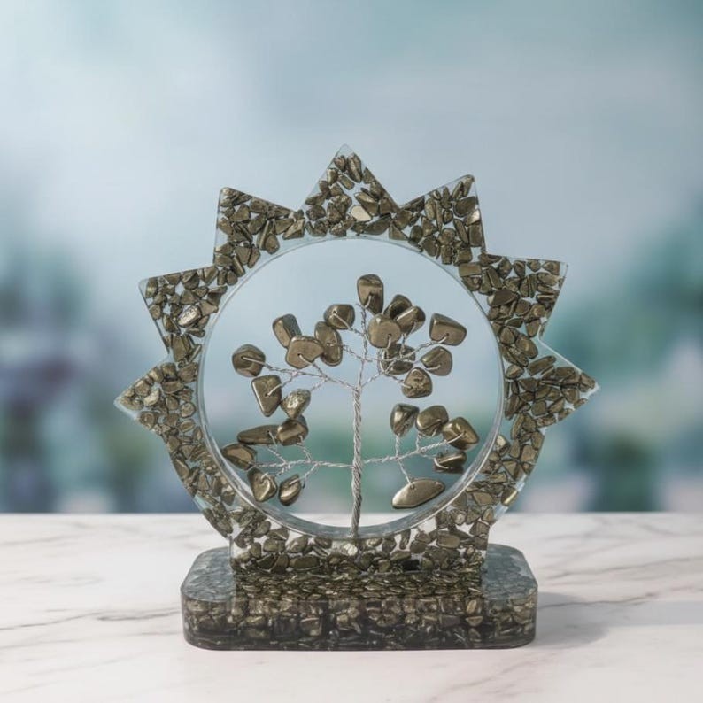 Pyrite Crystal Tree Decor, Metallic Gem Chip Wire Bonsai in Resin Sun Frame
