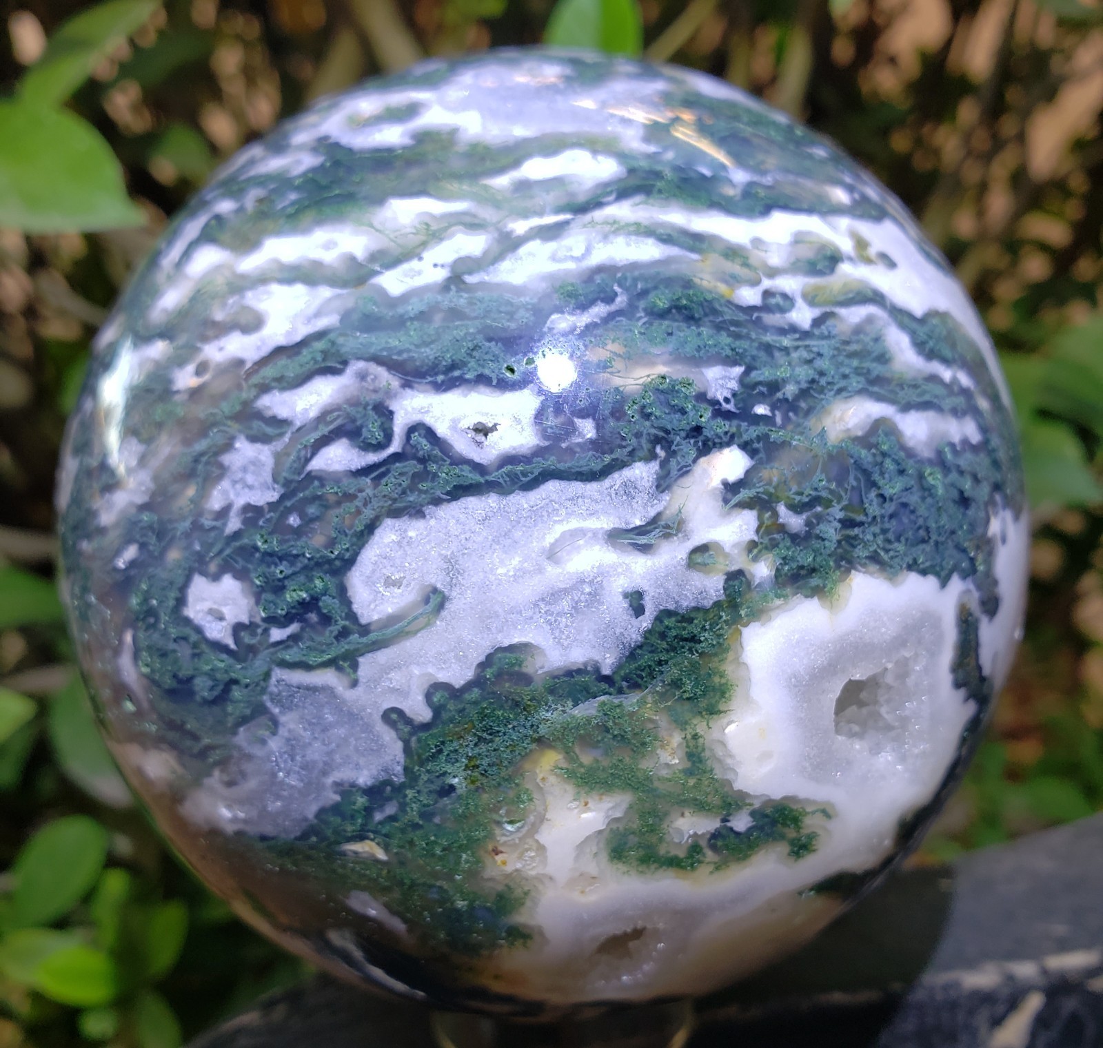 4″ Green Moss Agate Quartz Crystal Mineral Sphere Ball Orb UV Druzy, 1427g